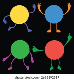 Set of flat colorful circle characters with simple arms and legs, playful poses on black background. Minimalist vector design ideal for kids' content, stickers, animations, or educational materials.