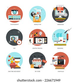 Set of flat and colorful concepts icons of  photography, newsletter,webdesign, marketing, branding, online shoping ,SEO theme and time is money . Design elements for web and mobile applications