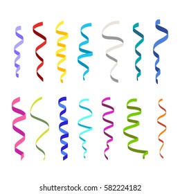 Set of flat colorful curling streamers or ribbons. Elements for your holiday design (birthday, festive carnival, party greeting). Vector illustration. 
