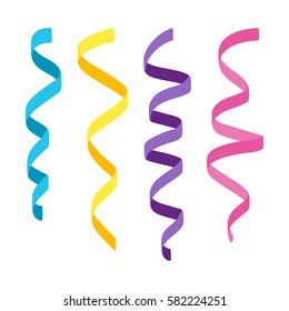 Set of flat colorful curling streamers or ribbons. Elements for your holiday design (birthday, festive carnival, party greeting). Vector illustration. 