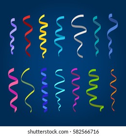 Set of flat colorful curling streamers or ribbons on dark blue background. Elements for your holiday design (birthday, festive carnival, party greeting). Vector illustration. 