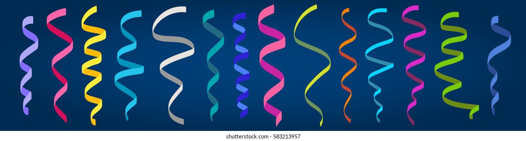 Set of flat colorful curling streamers or ribbons. Elements for your holiday design (birthday, festive carnival, party greeting). Wide, long format good for web. Vector illustration. 