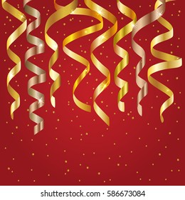 Set of flat colorful curling streamers or ribbons with confetti. Elements for your holiday design (birthday, festive carnival, party greeting). Vector illustration. 