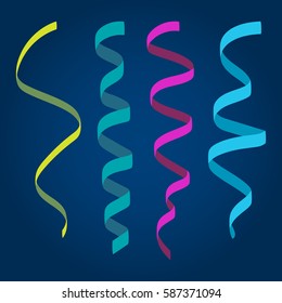 Set of flat colorful curling streamers or ribbons on dark blue background. Elements for your holiday design (birthday, festive carnival, party greeting). Vector illustration. 
