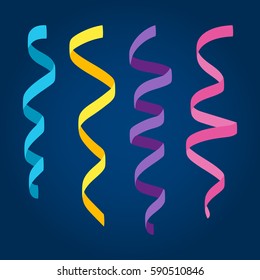Set of flat colorful curling streamers or ribbons on dark blue background. Elements for your holiday design (birthday, festive carnival, party greeting). Vector illustration. 