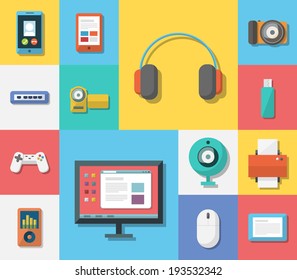Set of flat colorful electronics icons. Different digital media devices on colored squares. EPS10 vector.