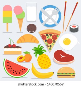 Set of flat colorful food icons