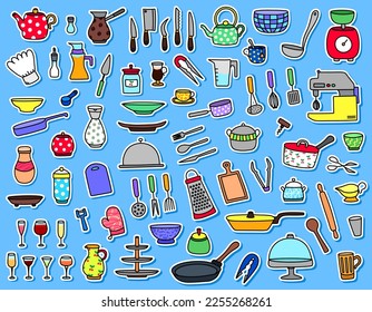 Set of flat colorful hand drawn stickers with kitchenware. Outline freehand labels with kitchen utensils, appliances for cooking. Cute doodle patches with cutlery. Badges with cartoon cooking tools