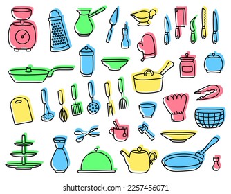 Set of flat colorful hand drawn kitchenware - kettles, pans, tableware, knives, glasses, cups, jars, plates, etc. Linear freehand kitchen utensils for cooking. Outline doodle cutlery silhouettes