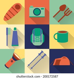 Set of flat colorful hiking, trekking and camping icons. Outdoor activity symbols drawn in vector. Tent, sleeping bag, fire, mountain, forest.