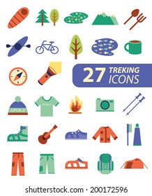 Set of flat colorful hiking, trekking and camping icons. Outdoor activity symbols drawn in vector. Tent, sleeping bag, fire, mountain, forest.