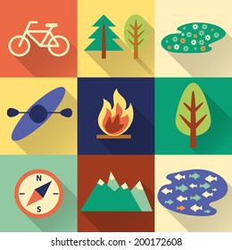 Set of flat colorful hiking, trekking and camping icons. Outdoor activity symbols drawn in vector. Tent, sleeping bag, fire, mountain, forest.