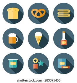 Set of flat colorful icons with allergic gluten products: bread, pastry, pasta, beer, yogurt, ice cream, dry breakfast, ketchup and snack food for your design