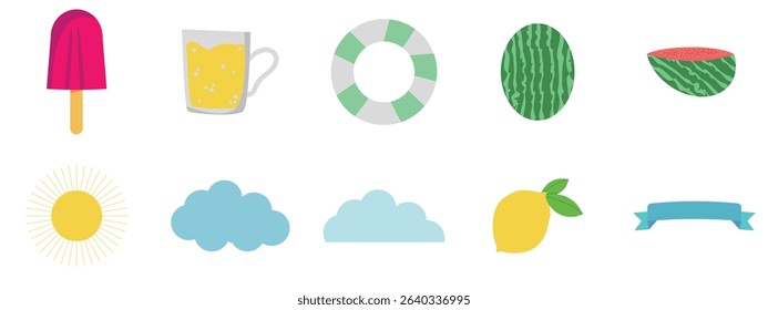 A set of flat, colorful icons depicting summer-themed items.