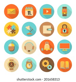 set of flat colorful icons with long shadow, isolated on white background, vector illustration, eps 10 with transparency
