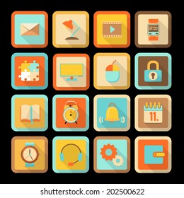set of flat colorful icons with long shadow,on black background, vector illustration, eps 10 with transparency
