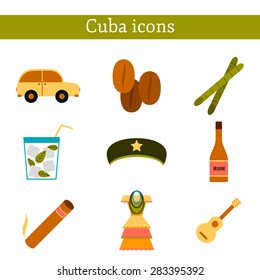 Set of flat colorful icons on Cuba theme with rum, coctail Cuba Libre, old car, sugar cane, coffee, guitar, cigar, national woman's dress and famous hat of Che for your cuban design