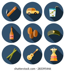 Set of flat colorful icons with shadows on Cuba theme with rum, coctail Cuba Libre, old car, sugar cane, coffee, guitar, cigar, national woman's dress and famous hat of Che for your cuban design