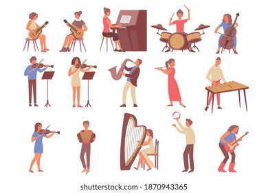 Set aus flachen, farbigen Symbolen mit einzelnen menschlichen Charakteren, die Musikinstrumente lernen, einzeln auf unweißem Hintergrund, Vektorgrafik