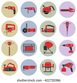 Set of flat colorful repair tool icons. Home repair tools pictogram. Worker tools. Electric tools. Tools sign. Vector illustration.