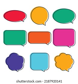 Set of flat colorful speech bubbles. Badges different shapes with black decorative strokes isolated on white backdrop