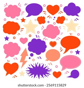 Set of flat colorful speech bubbles vectors for Valentine's Day. Red, pink, purple speech bubbles in the form of hearts, clouds. Banners, price tags, stickers, posters, badges. 