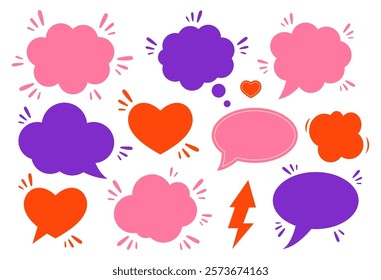 Set of flat colorful speech bubbles vectors for Valentine's Day. Red, pink, purple speech bubbles in the form of hearts, clouds. Banners, price tags, stickers, posters, badges. 