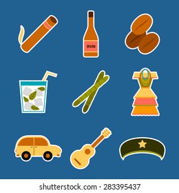 Set of flat colorful stickers on Cuba theme with rum, coctail Cuba Libre, old car, sugar cane, coffee, guitar, cigar, national woman's dress and famous hat of Che for your cuban design