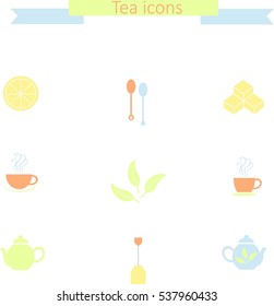 Set of flat colorful tea icons on white: tea spoons, lemon slice, sugar cubes, steam cups, teapots, tea bag, tea leafs, stock vector illustration