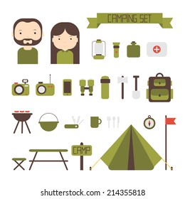 Set of flat colorful vector camping equipment symbols and icons. 