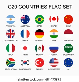 Set flat colorful vector circle flags of the country members G20. Group of nations. 