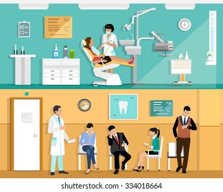 Set Of Flat Colorful Vector Dentist Office Interior Design With Dental Chair, Dentist, Patient And Dental Tools. Patient Waiting Room In The Dental Clinic. 