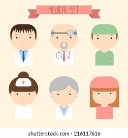 Set of flat colorful vector doctor icons. Medical people. 