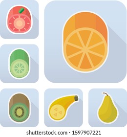 Set of flat colorful vector fruits and vegetables icons on blue rounded frame. Tomato, orange, banana, kiwi, cucumber and pear.  