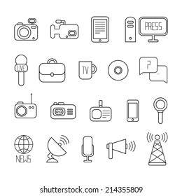 Set of flat colorful vector journalism icons. Mass media. Communication. Illustration consists of computer, news, camera, microphone, radio. Infographics design web elements.