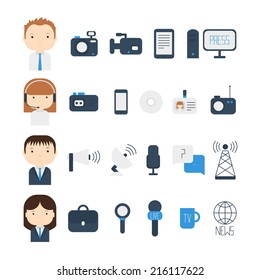 Set of flat colorful vector journalism icons. Mass media. Communication. 