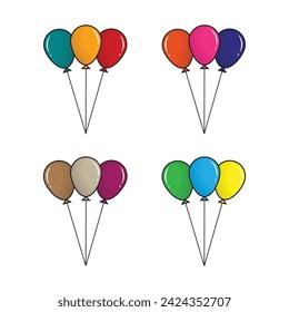 Set of flat colourful balloons in cartoon style, flying balloon with rope isolated on white background