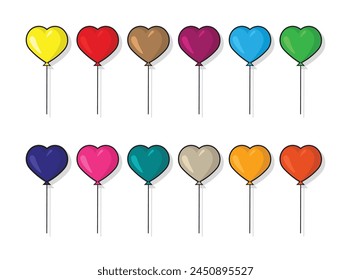 Set of flat colourful heart shape balloons in cartoon style, flying balloon with rope isolated on white background