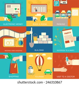 set of flat communication concepts illustrations. Vector background design in retro style. Icons for web and mobile