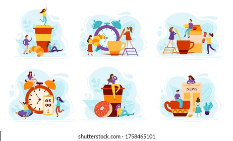 Set of Flat compositions with daily morning life concepts. Fresh coffee and sweets, tiny people and alarm clock. Vector illustration.