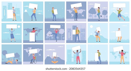 Conjunto de composiciones planas con personas sosteniendo pancartas y carteles en blanco sobre el fondo con varios paisajes al aire libre y paisajes urbanos ilustraciones vectoriales aisladas