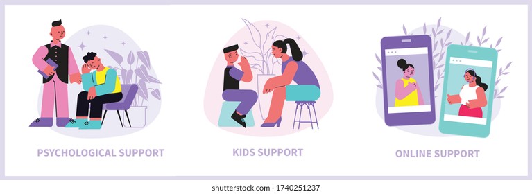 Conjunto de composiciones planas con personas y niños recibiendo apoyo psicológico ilustraciones vectoriales aisladas