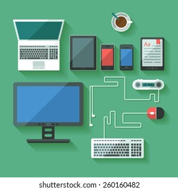 Set of flat computing and mobile devices. Modern laptop, tablets and phones. Vector. 