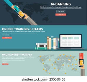 Set of flat concept design for m banking, online training and exams and online money transfer. Icons and illustrations for web and mobile apps and design interface.