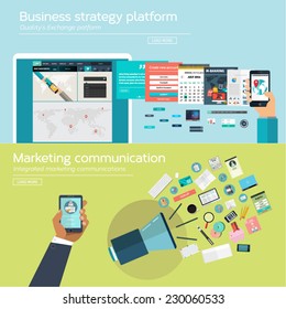 Conjunto de diseño de concepto plano para comunicaciones de marketing y estrategia de negocios. Iconos e ilustraciones para aplicaciones web y móviles e interfaz de diseño.