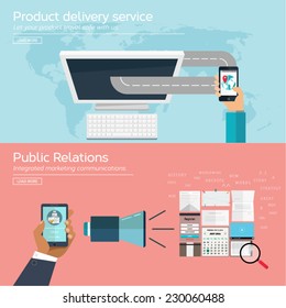Set of flat concept design for product purchase and public relations. Icons and illustrations for web and mobile apps and design interface.