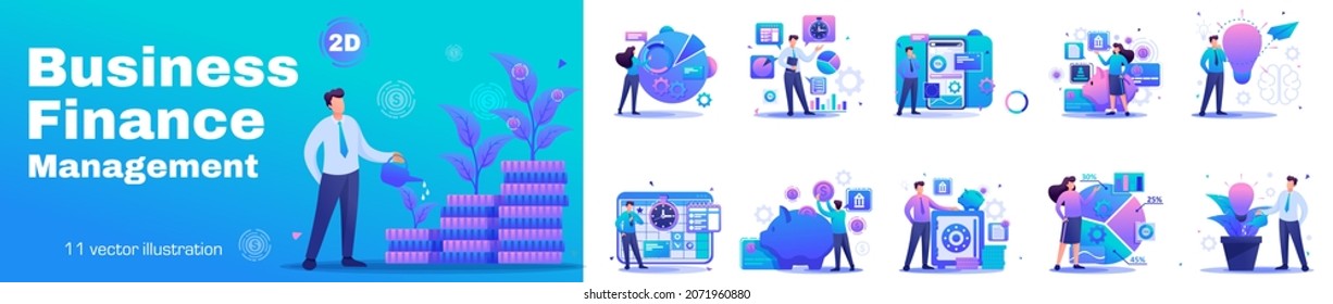 Set Flat Concepts of Business Finance Management. Businessmen invest finances in business and keep them in the bank. For Vector Illustrations.