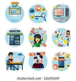 Set of flat concepts of e-commerce symbols, online shopping and banking. On white background