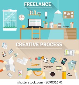 Set Of Flat Concepts For Freelance Design And Creative Process. Design Illustrations And Icons For User Interface,apps And Ux/ui Design. 