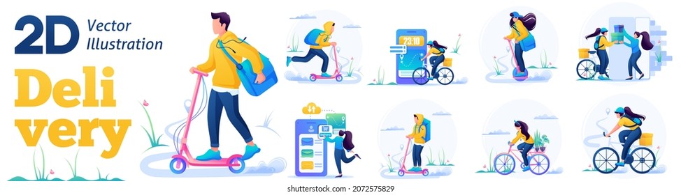 Set Flat Concepts of Home delivery. Young people work as couriers and deliver food, goods and things home to customers. For Vector Illustrations.